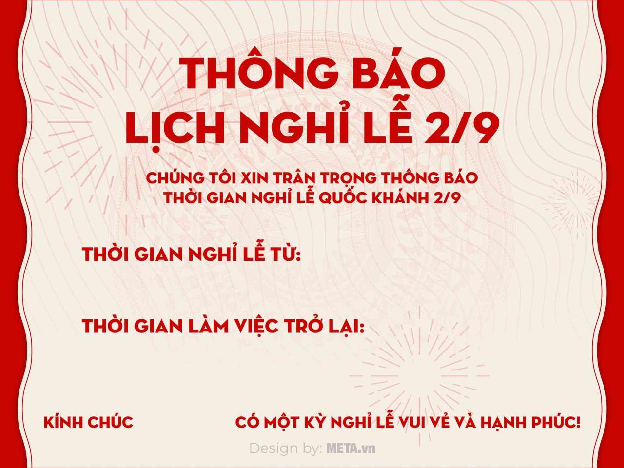 Mẫu thông báo nghỉ lễ 2/9 số 1